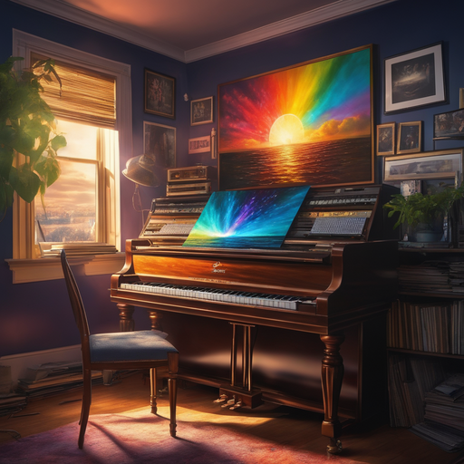 A piano in a room filed with colorful paintings.