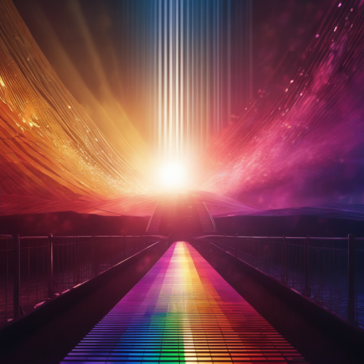 A colorful bridge leading to a horizon of brilliant light.