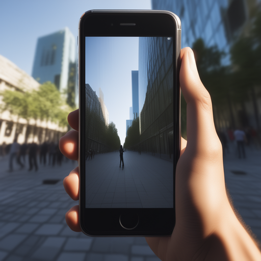 A person holding a cell phone and recording video of an urban setting with people.