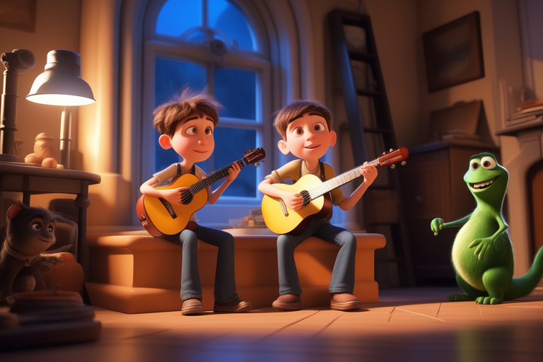 Two children playing their guitar and singing to a frog.