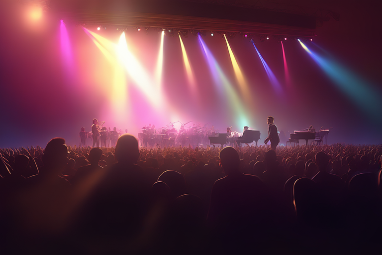 Image of a crowd at a concert watching performers on stage.
