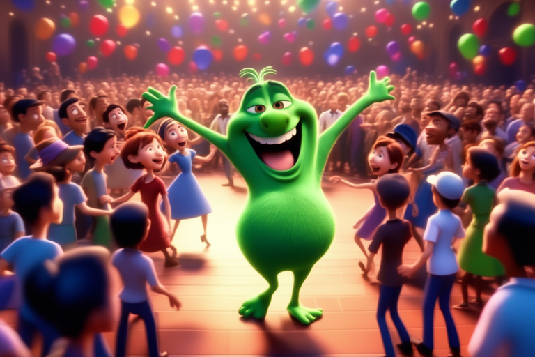 A green animation character is happy and enjoying the spotlight amongst a crowd of people.