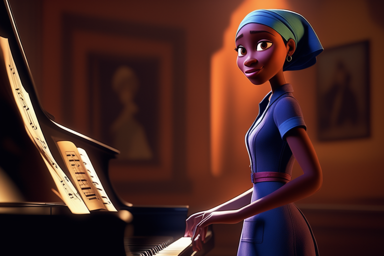 Portrait of a woman standing at a piano in a living room.