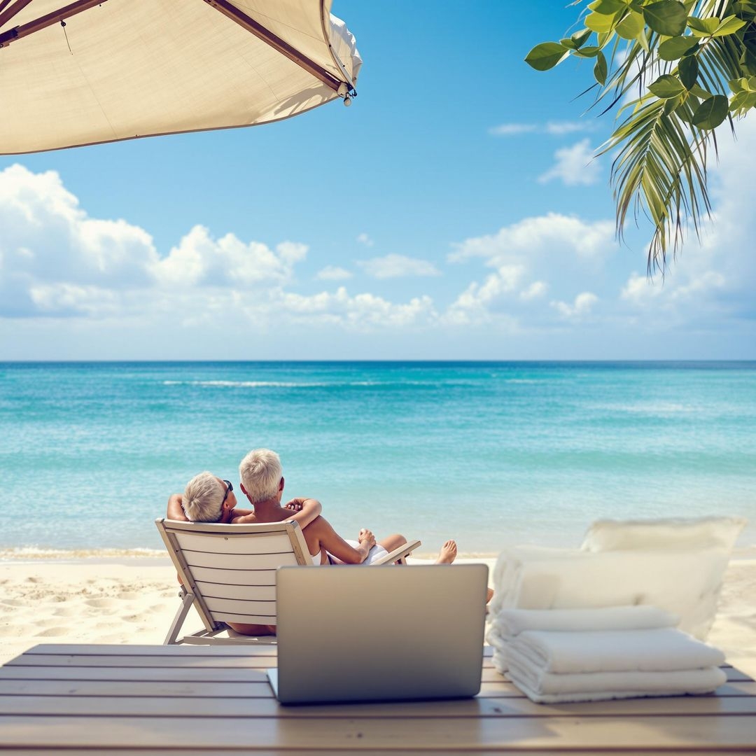 A serene beach with a retired couple relaxing under a sun umbrella, with a laptop closed on the table — symbolising freedom and financial success.