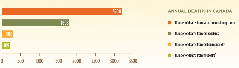 Annual Deaths in Canada from Radon, Car Accidents, Carbon Monoxide, and House Fires