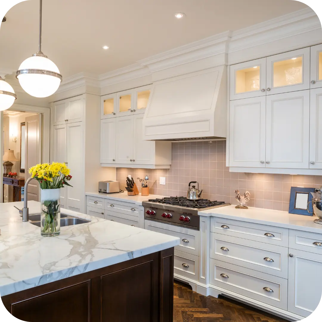 lose-up of professionally painted kitchen cabinets offering a high-end look on a budget. lose-up of professionally painted kitchen cabinets offering a high-end look on a budget.