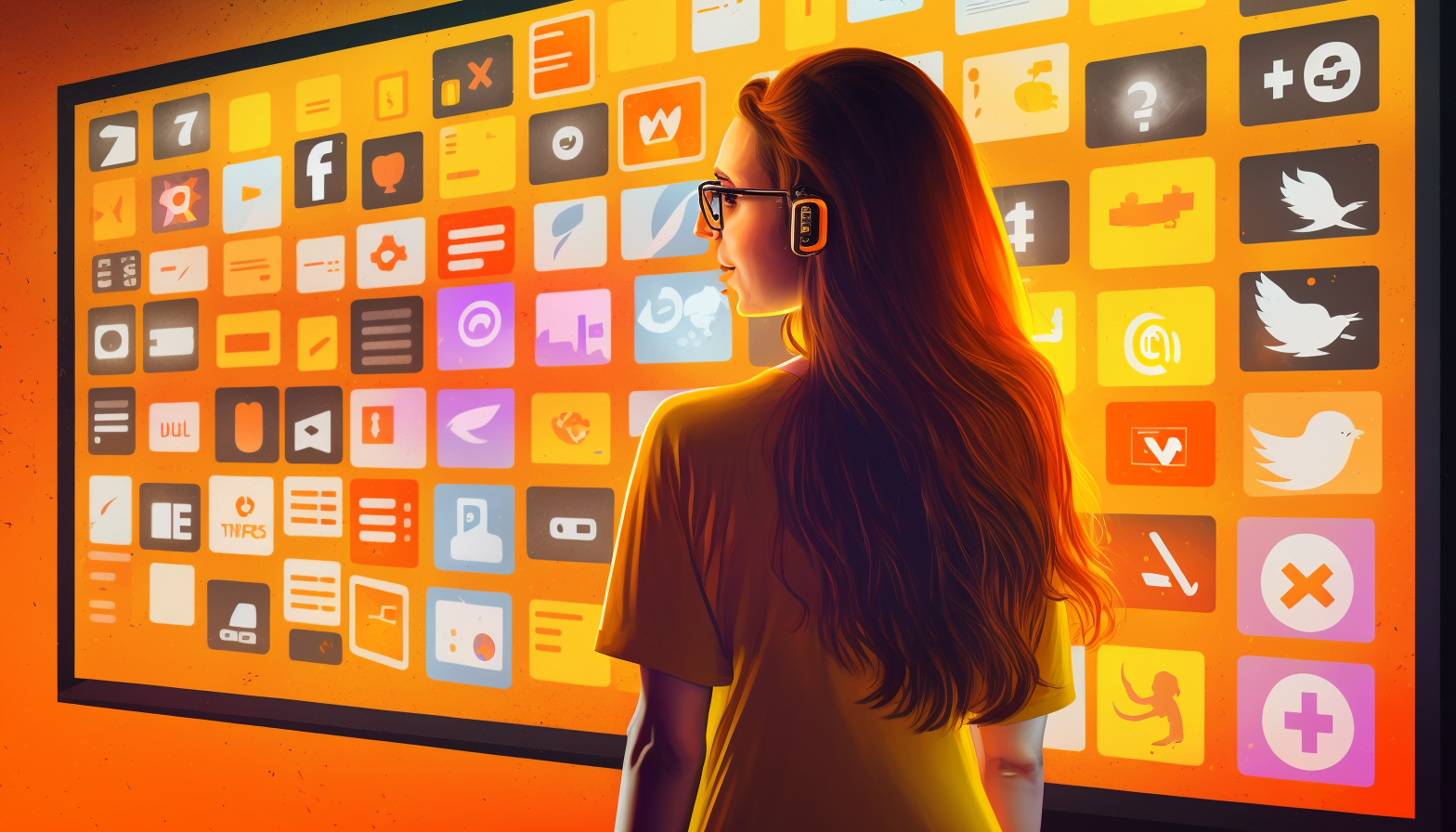 Woman looking at screen full of icons. Woman looking at screen full of icons.