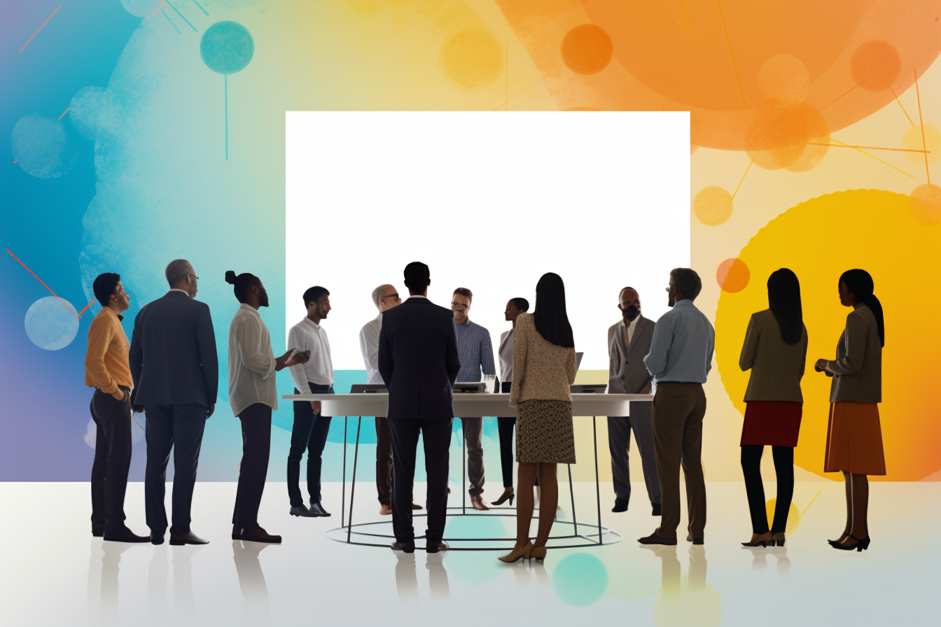 Diverse group of people standing around a conference room table Diverse group of people standing around a conference room table