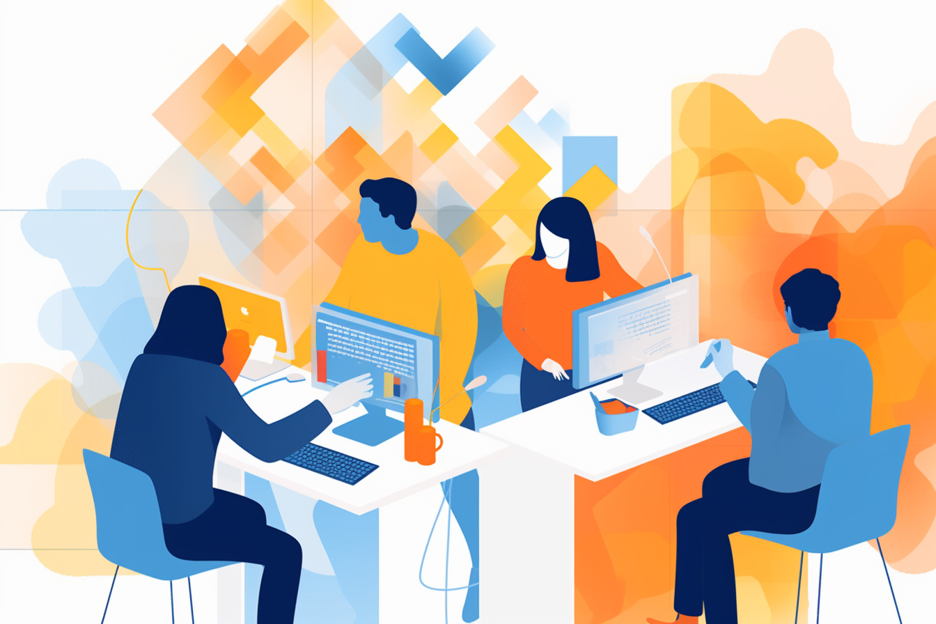 A team of people working at their desks A team of people working at their desks