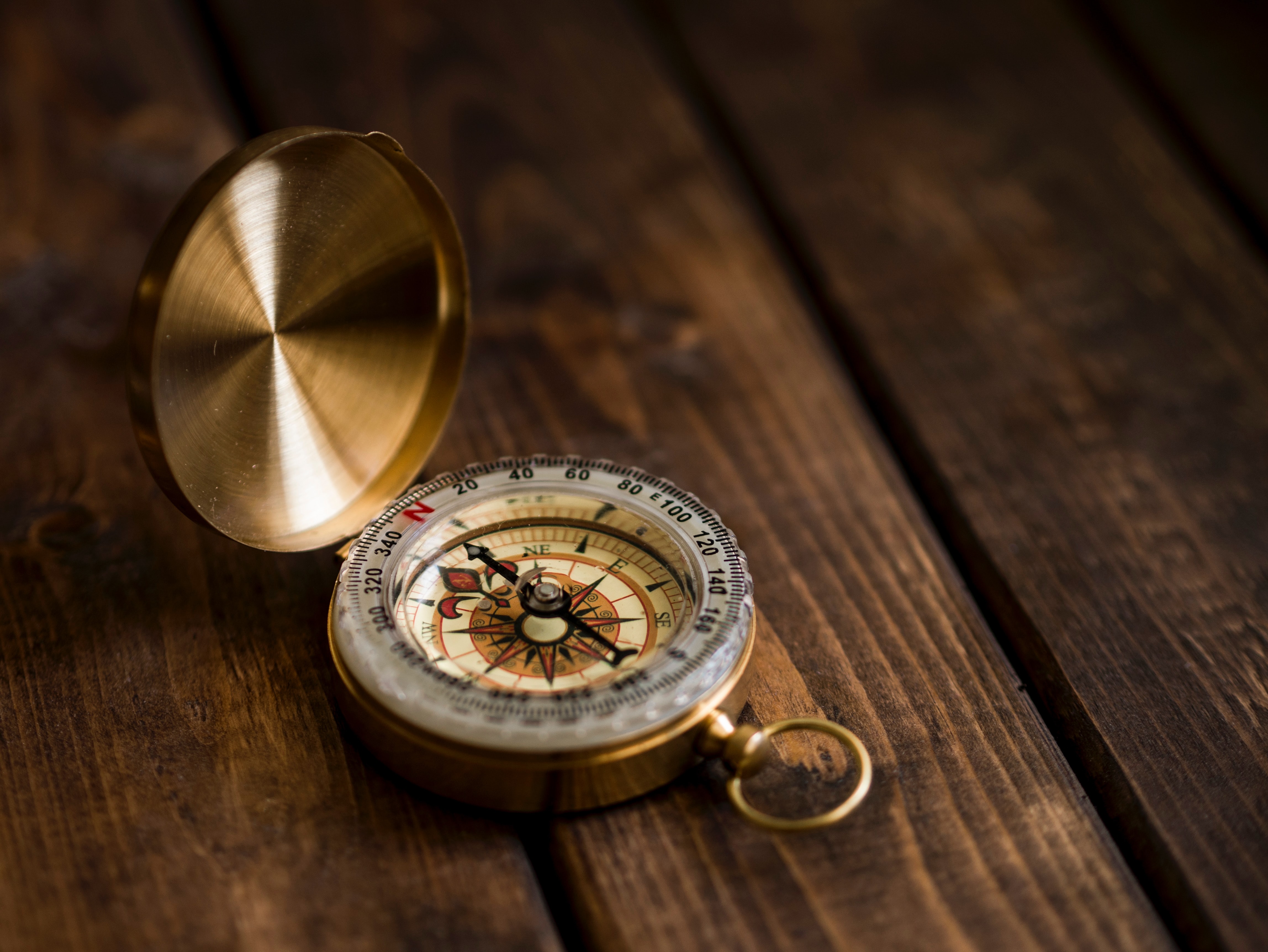 Old compass used for navigation sitting on a wooden table. Old compass used for navigation sitting on a wooden table.