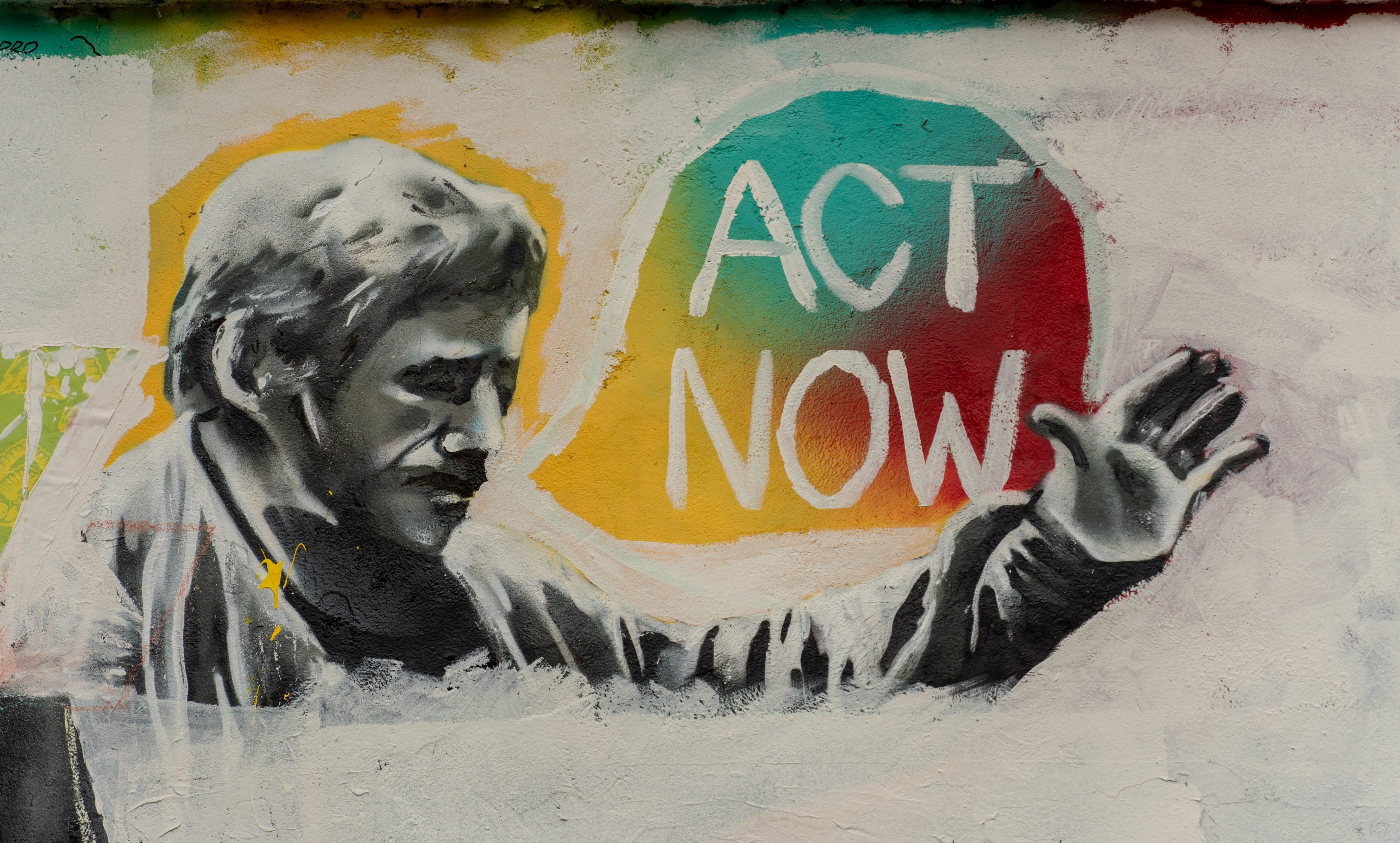Painting of a man saying, "Act Now!" Painting of a man saying, "Act Now!"