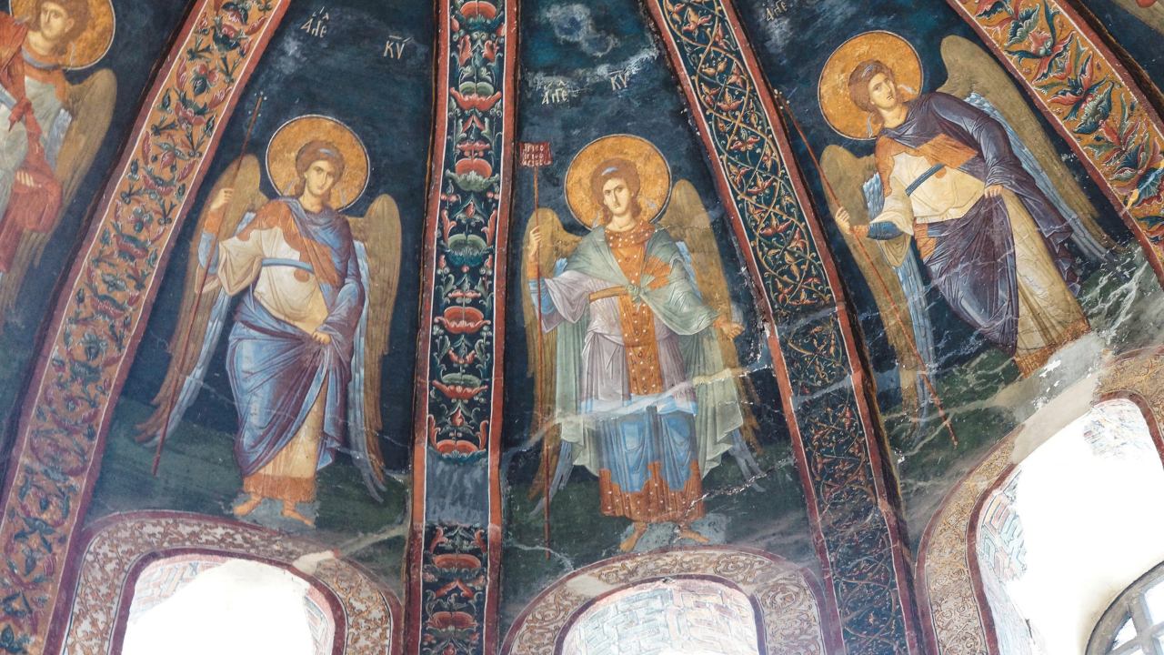 Church ceiling with paintings of Angel