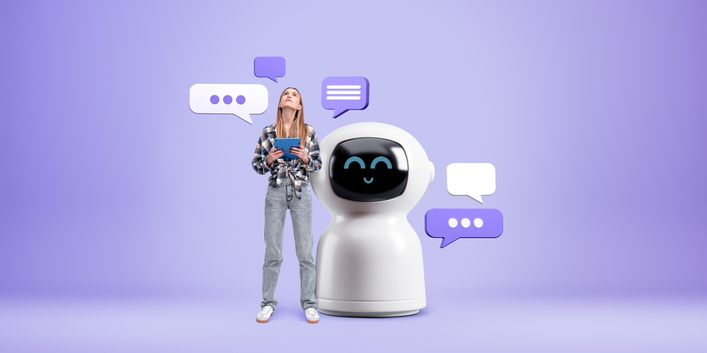 Example of a human like AI chatbot on a messaging platform or website to assist customers realtime. CPaaS or Communications Platforms as a Service concept Example of a human like AI chatbot on a messaging platform or website to assist customers realtime. CPaaS or Communications Platforms as a Service concept