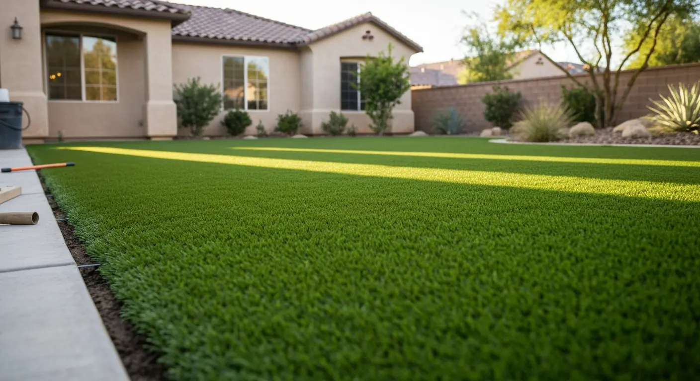 Artificial turf installation in residential backyard