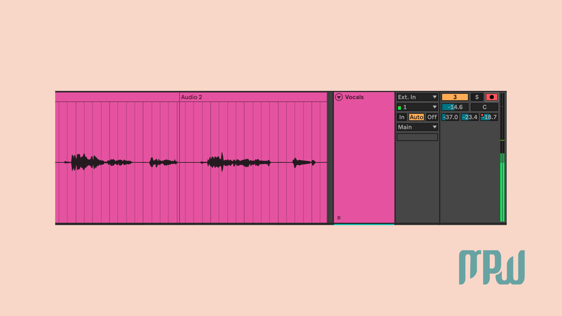 Ableton Live 12 Arrangement View showing a recorded vocal waveform and input meter on a ‘Vocals’ track.