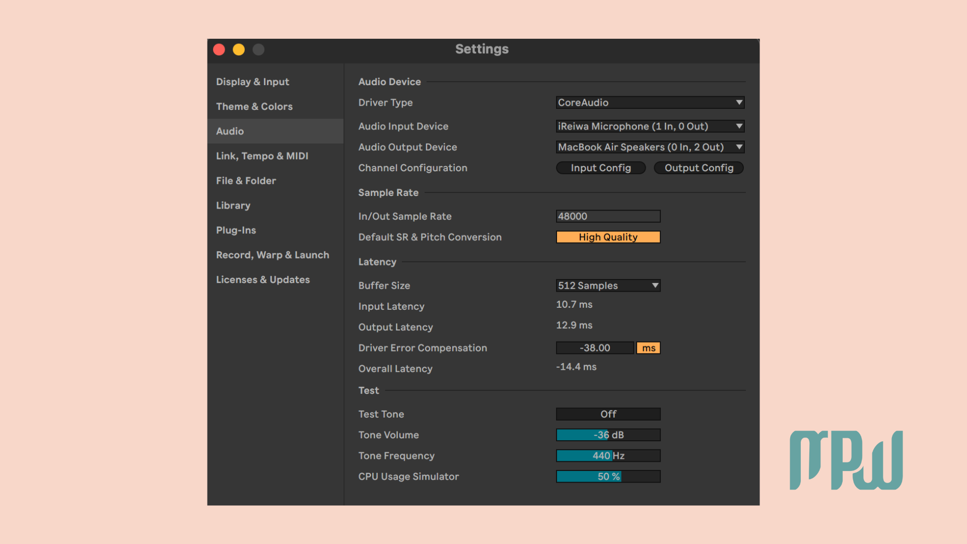 Ableton Live 12 Audio Settings window showing driver type, input/output device, sample rate, and buffer size.