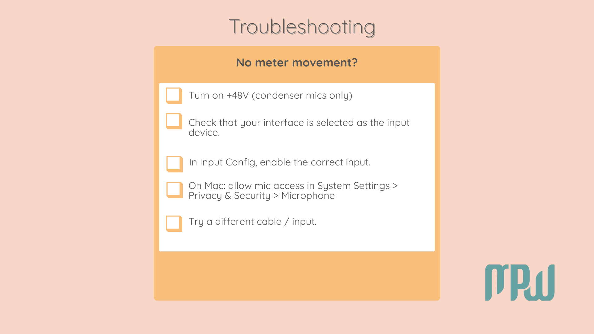 Troubleshooting checklist for no input meter movement in Ableton Live 12, including +48V, input config, and mic permissions.