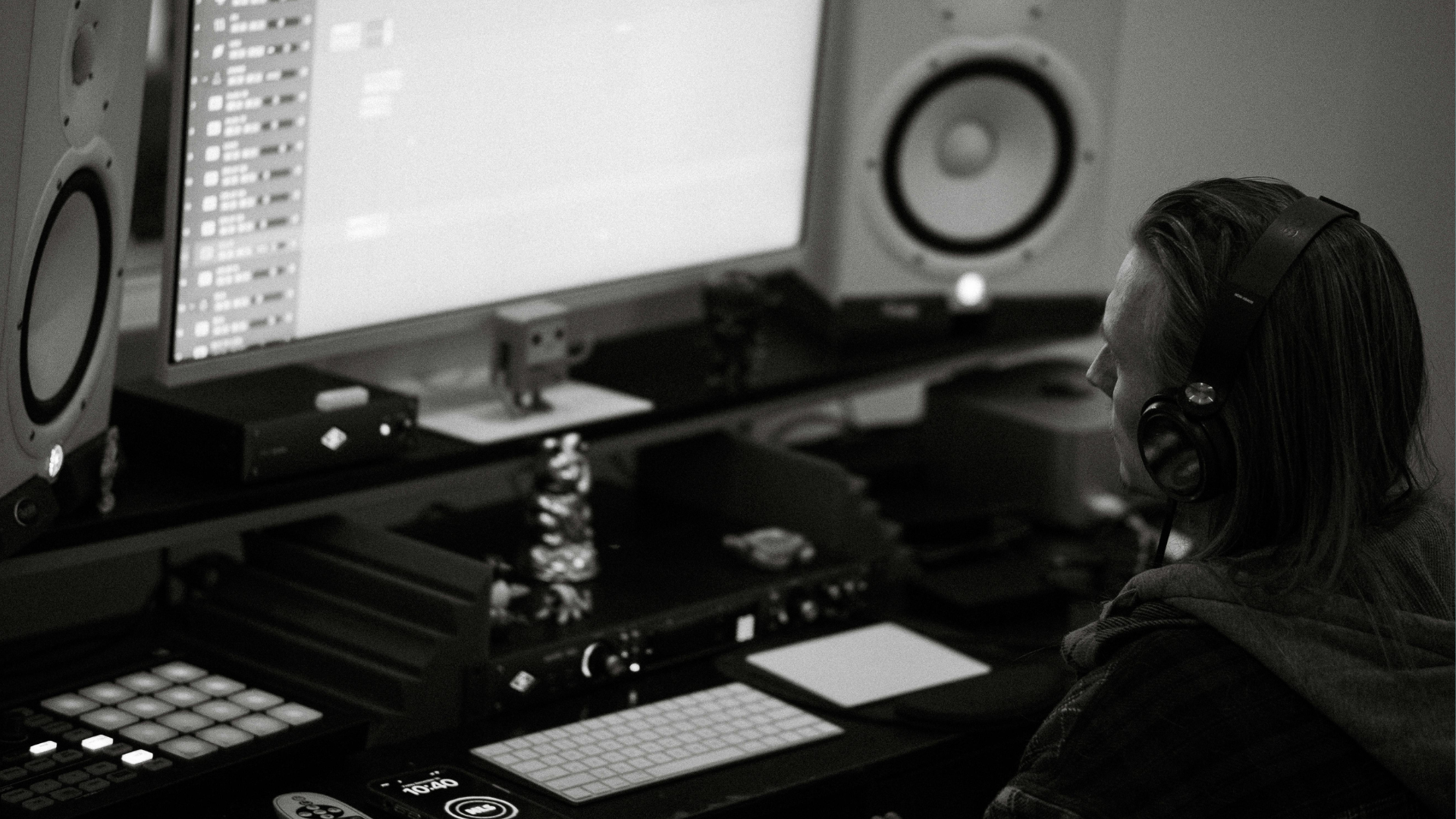 Music producer wearing headphones and working in a DAW at a computer, focusing on a track session on screen. @musicproductionforwomen