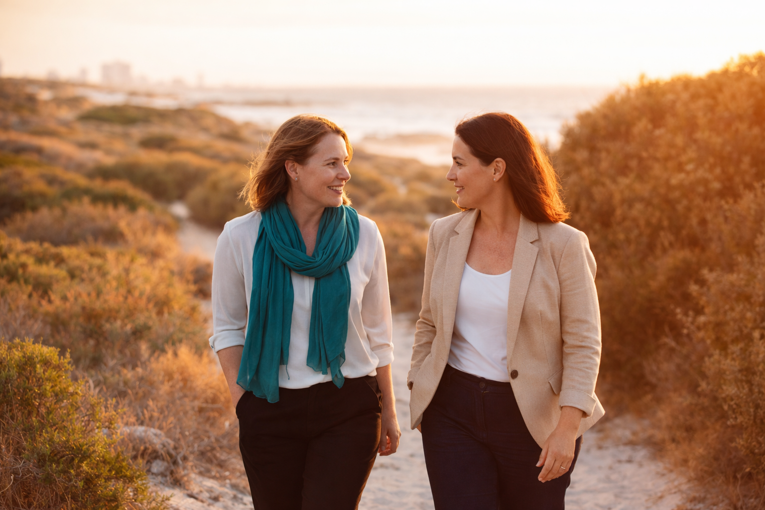 Two women walking and talking together on a sandy coastal trail in Perth during the golden hour. One woman wears a bright teal scarf while the other wears a tan blazer. The sunset creates a warm orange glow over the ocean and coastal scrub as they engage in a collaborative and supportive peer mentoring conversation.