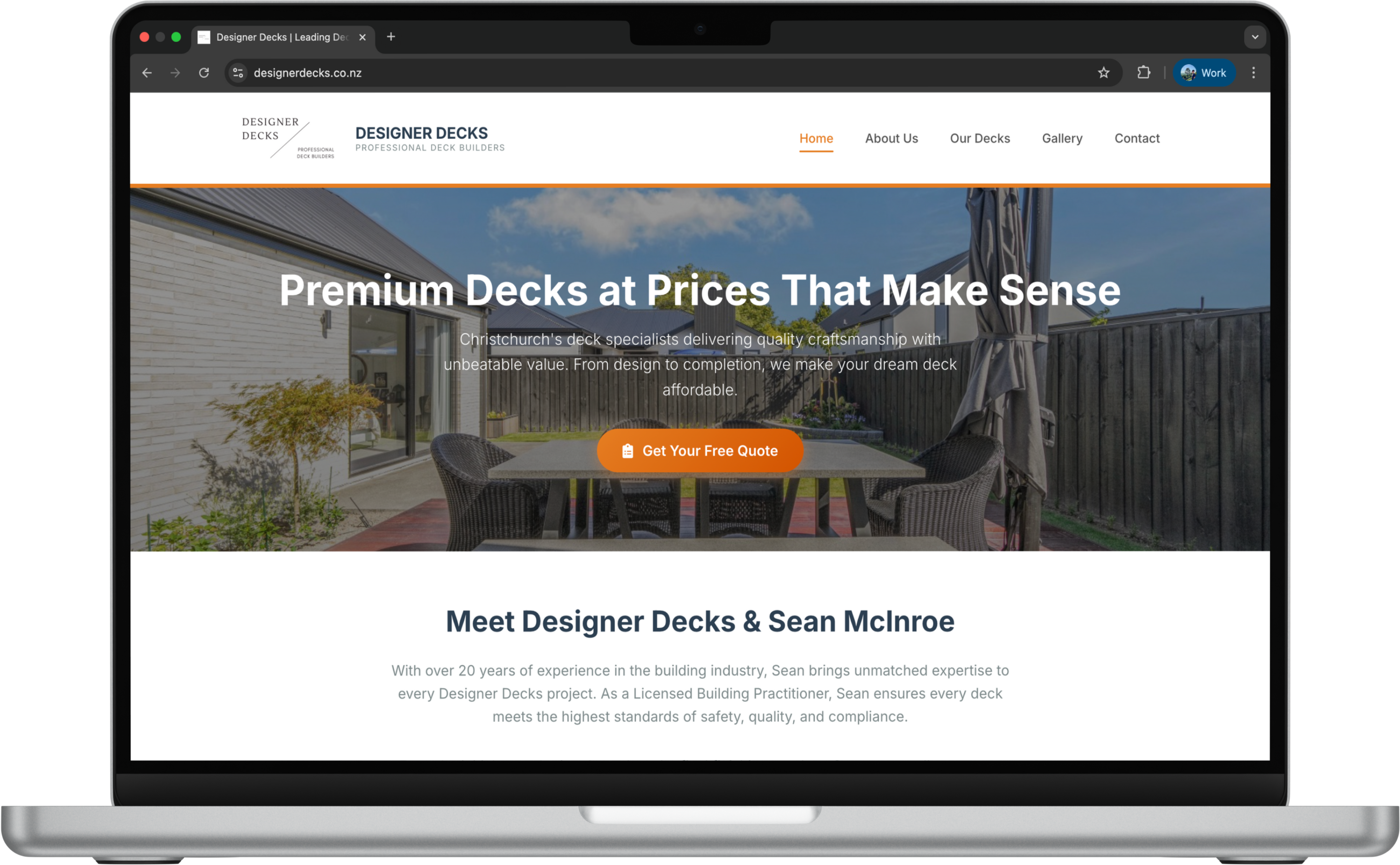 Designer Decks website on MacBook