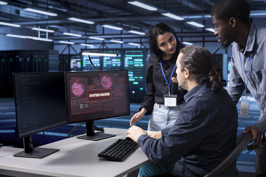 Cybersecurity experts work on a system hacked by ransomware. Cybersecurity experts work on a system hacked by ransomware.