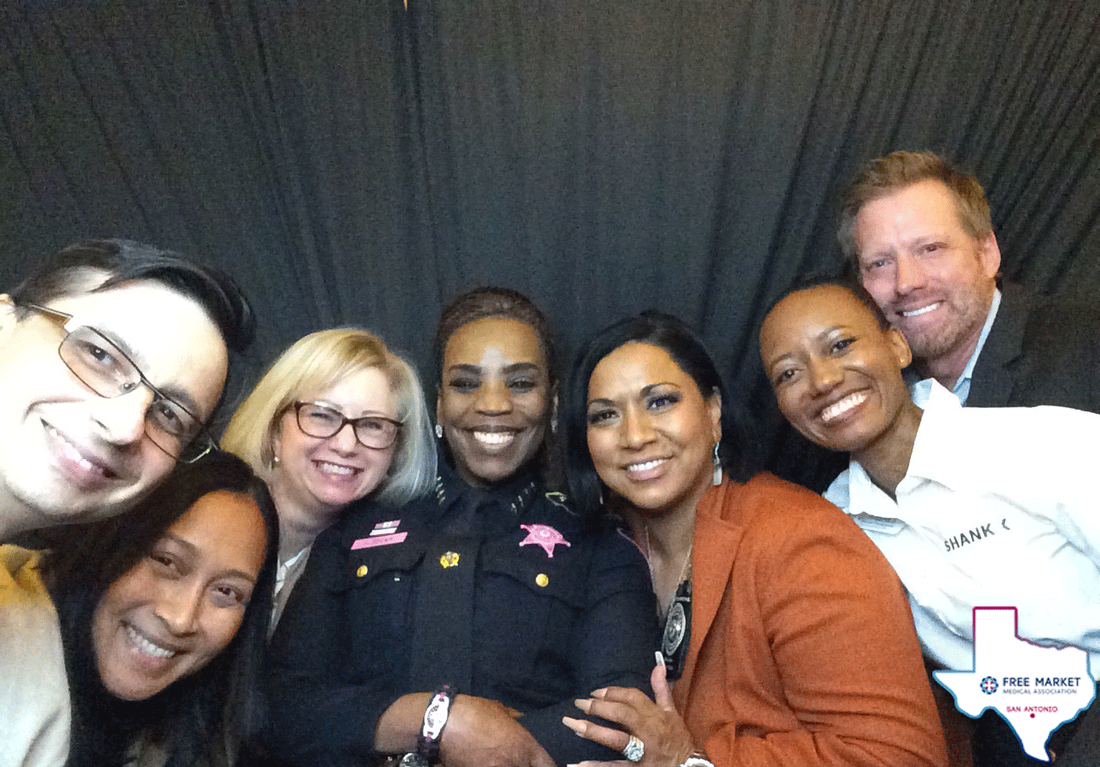 Some San Antonio FMMA members pose for a group photo. From left to right: Shankar Poncelet, Susan Kaars-Sypesteyn of Nola's Brunch & Beignets, Allison De Paoli of Altiqe Consulting, Constable Kat Brown of Bexar County Precinct #4, Honorable Bexar County Clerk Lucy-Adame Clark, Antréa Ferguson of Shankx Web Development, and Tim Kaufeldt of Laso Health.