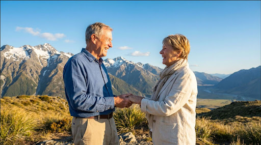  Happy retired couple enjoying dream vacation in New Zealand after overcoming retirement spending anxiety Title Tag: Enjoying Retirement: Spending Without Fear