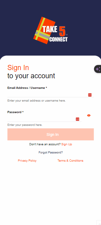 Log in to Take5™️ Connect Log in to Take5™️ Connect