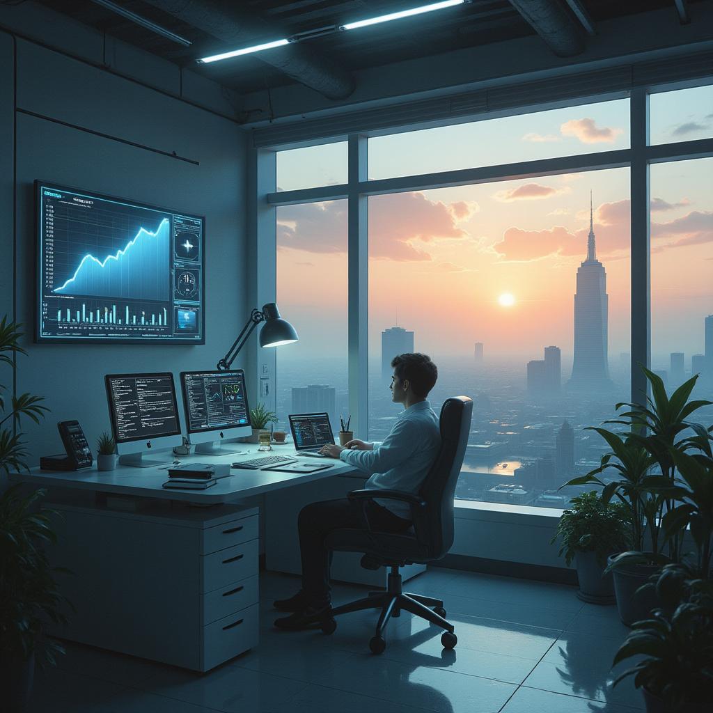 Futuristic office at dawn with automated robots