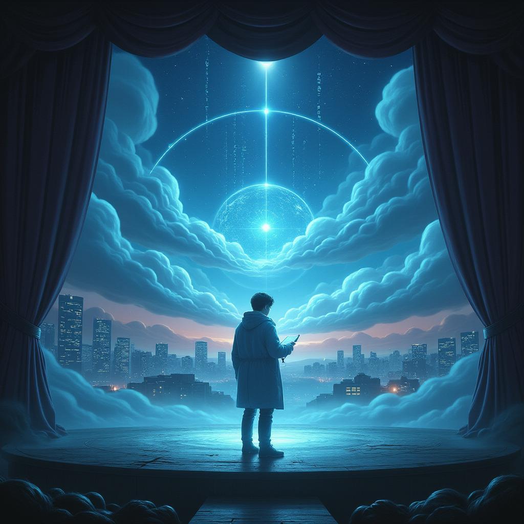 A futuristic, surreal image of a person standing in front of a theater stage, symbolizing the foundation of AI content creation, with a cityscape in the background representing the digital landscape.