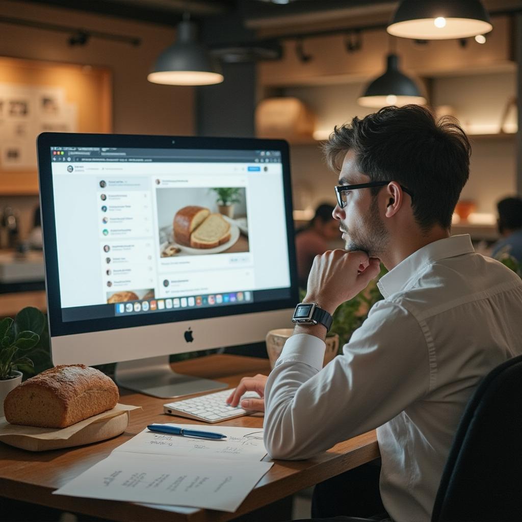 A photorealistic image of a person sitting in front of a computer with a thoughtful expression, surrounded by notes and papers with bread and baking-related themes, with a few social media platforms open on the screen, conveying a sense of focus and creativity.