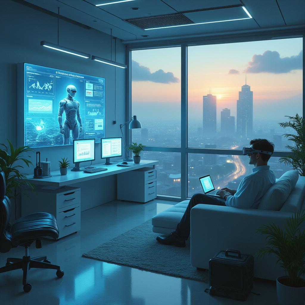 Futuristic business office with AI assistants