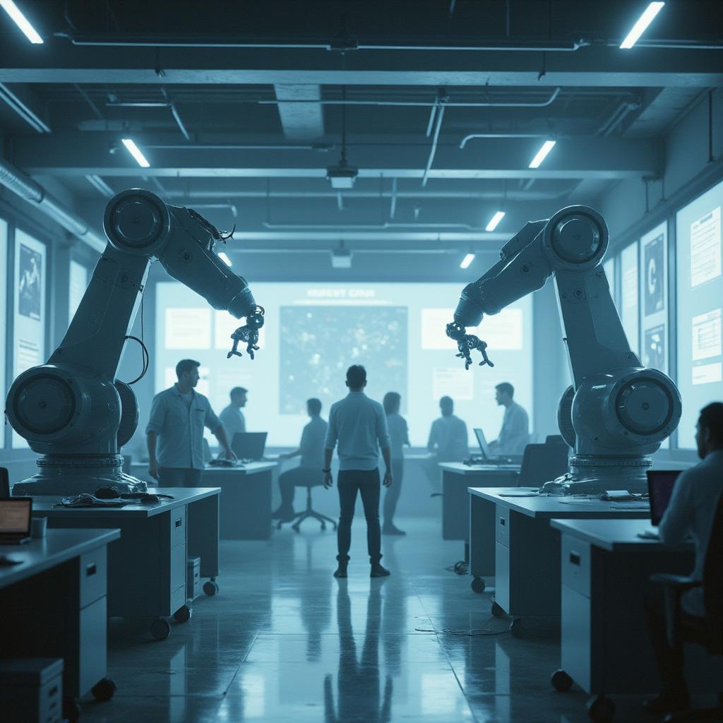 Futuristic, thriving business environment with AI elements