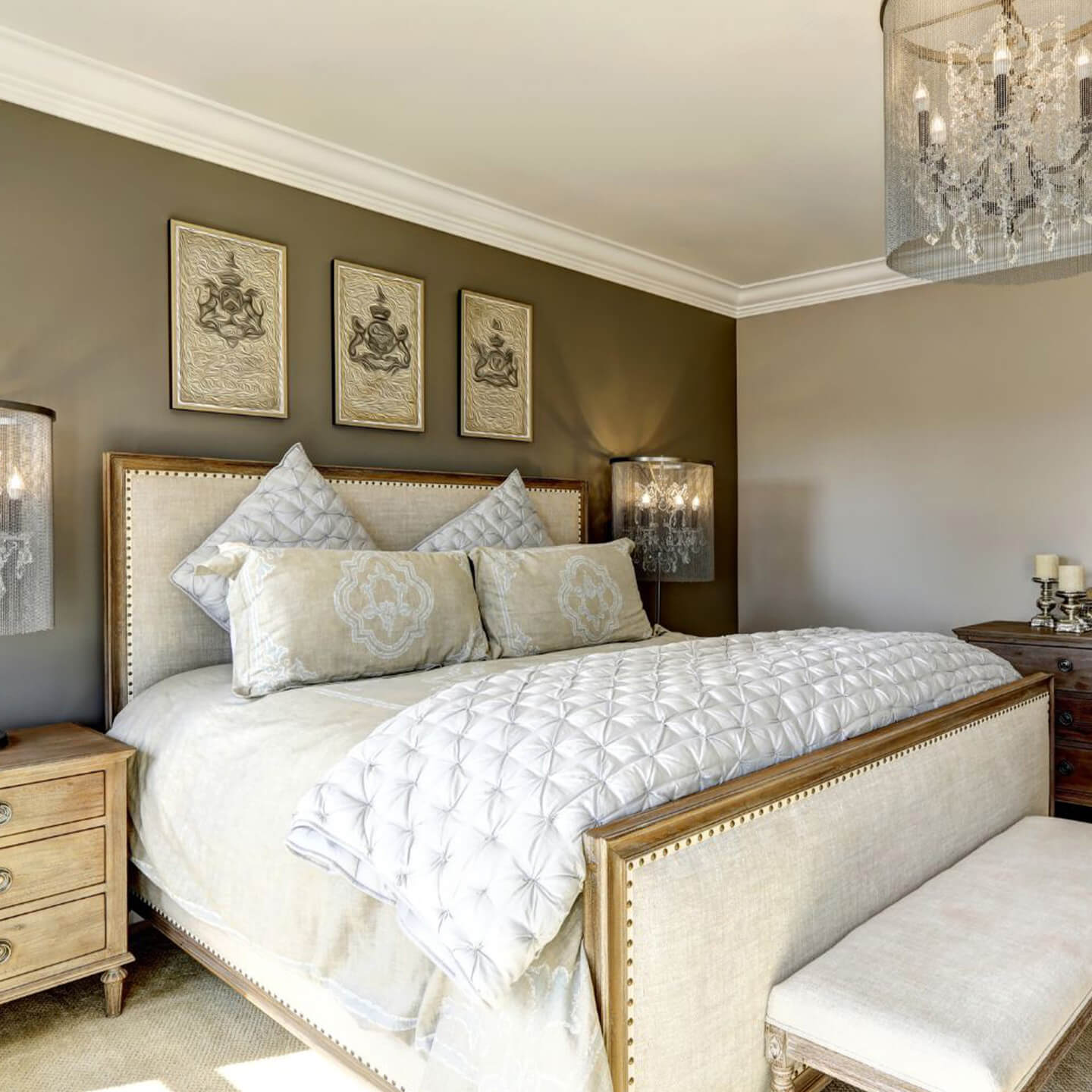 Master bedroom remodel in Carrollton TX featuring elegant lighting, custom headboard, and neutral upscale design