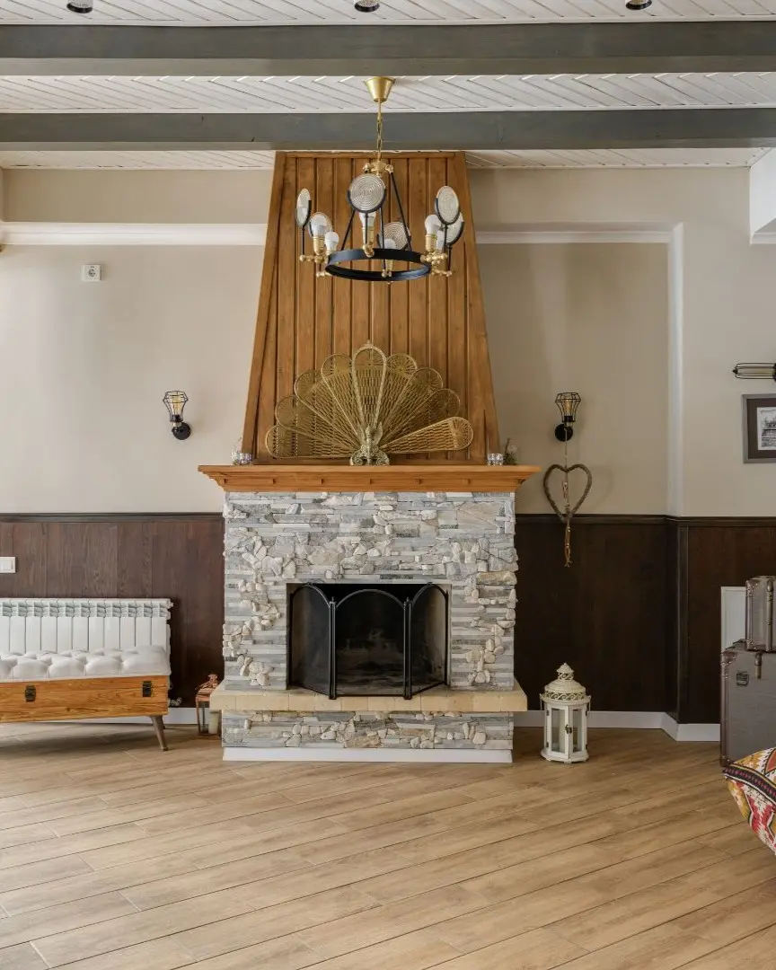 Dallas home addition with stone fireplace, wood accents, and updated interior design