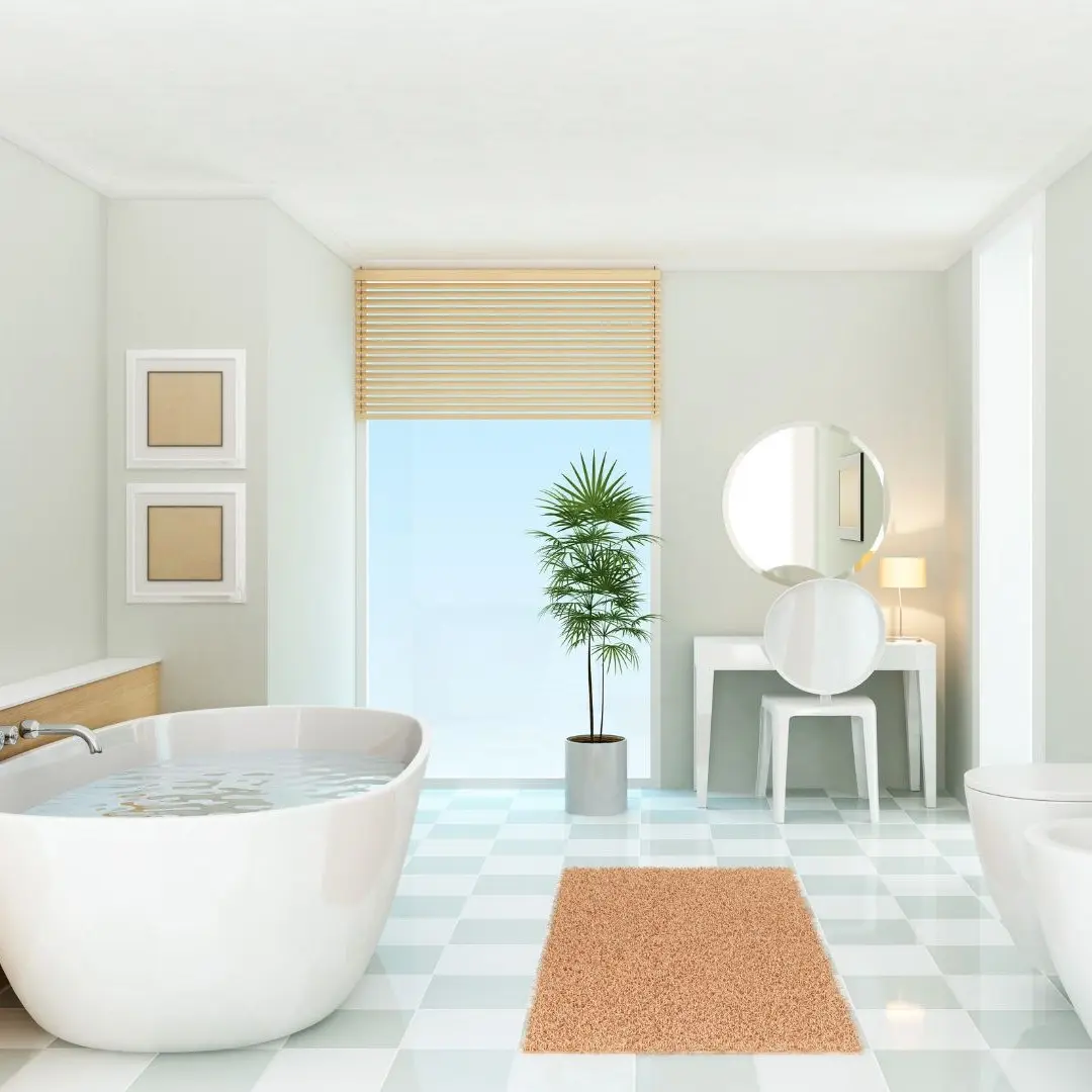 Modern bathroom remodel in Wylie, TX with freestanding tub, bidet, and vanity near a large window.