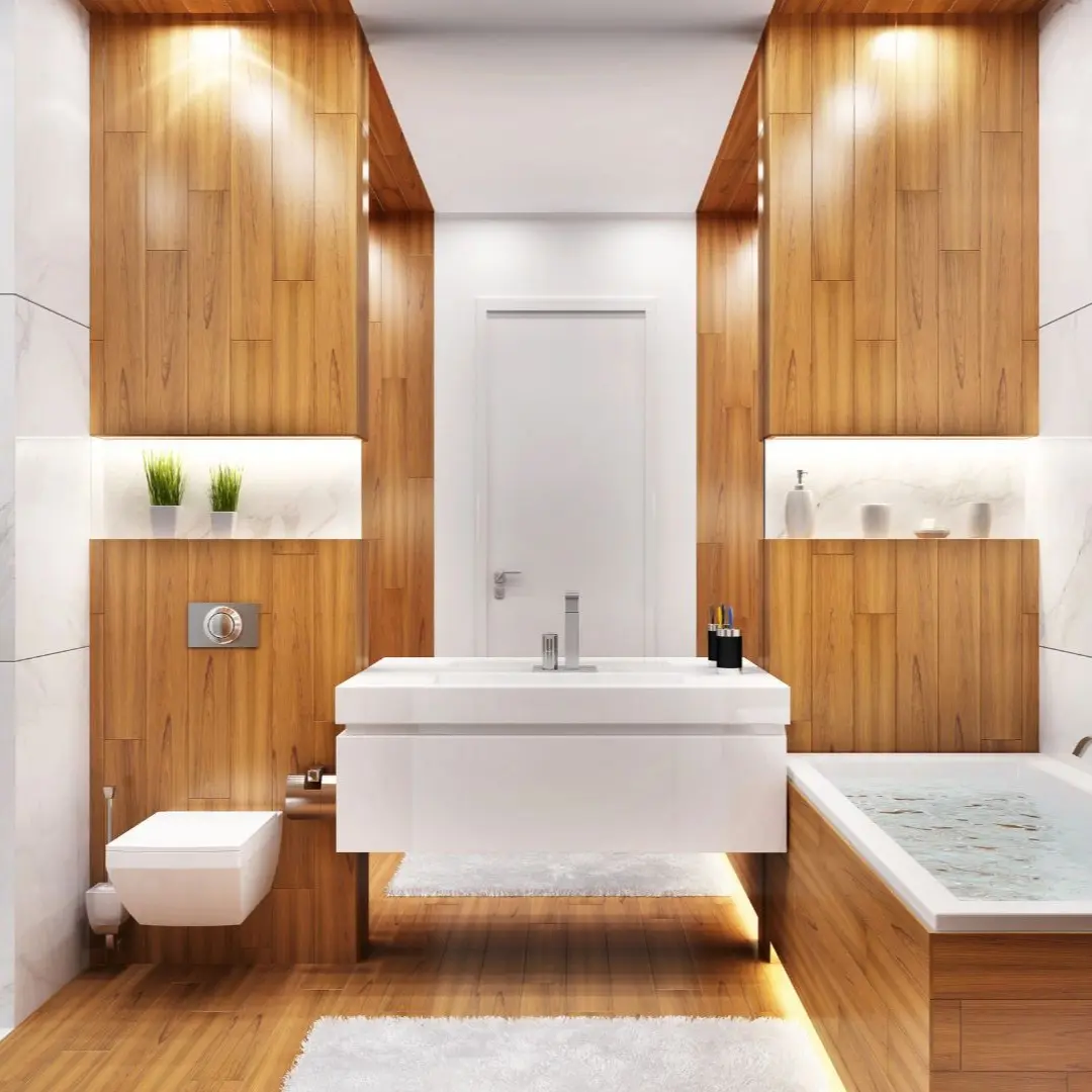 Modern bathroom remodel with marble shower, wood panel accents, floating vanity, and soaking tub in Farmers Branch, TX