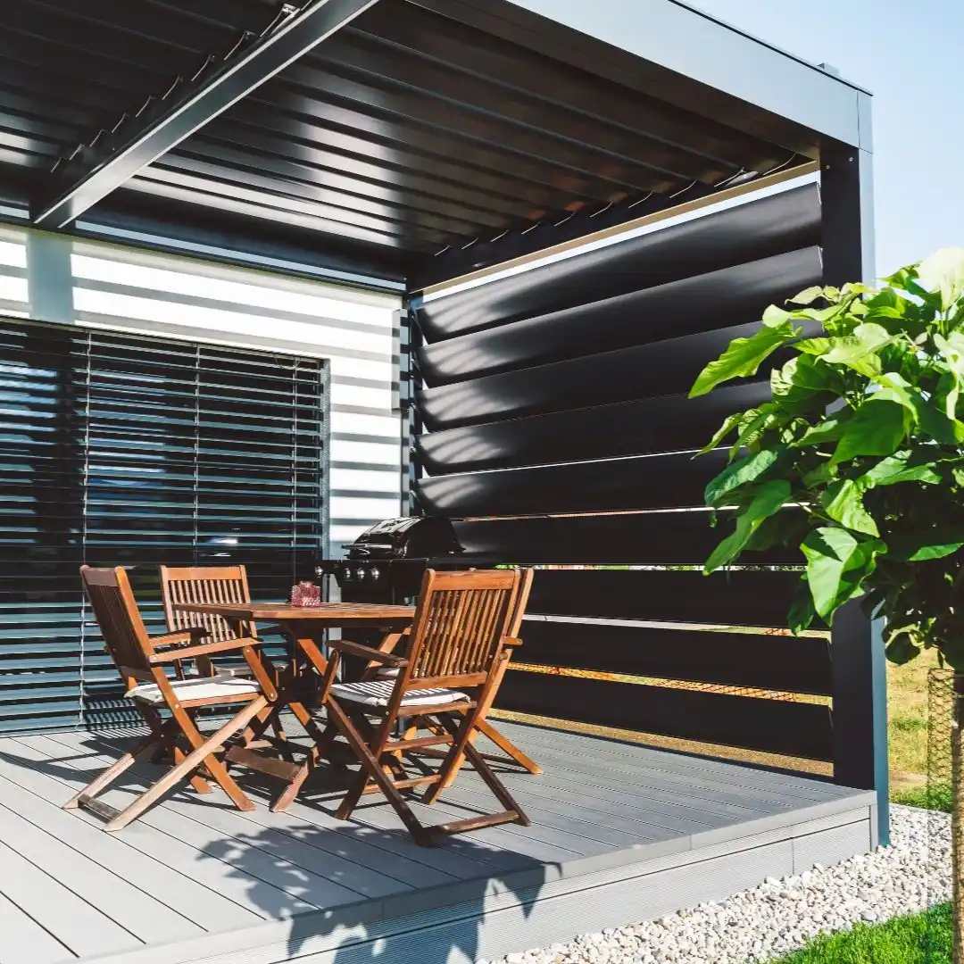 Modern patio cover in Lewisville TX with outdoor seating and shade structure