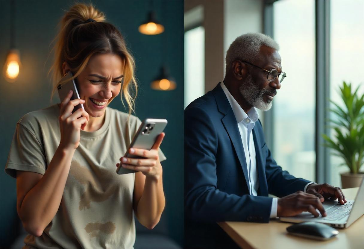 Split-screen showing stressed business owner with missed call notifications vs organized business owner with systematic call management Split-screen showing stressed business owner with missed call notifications vs organized business owner with systematic call management