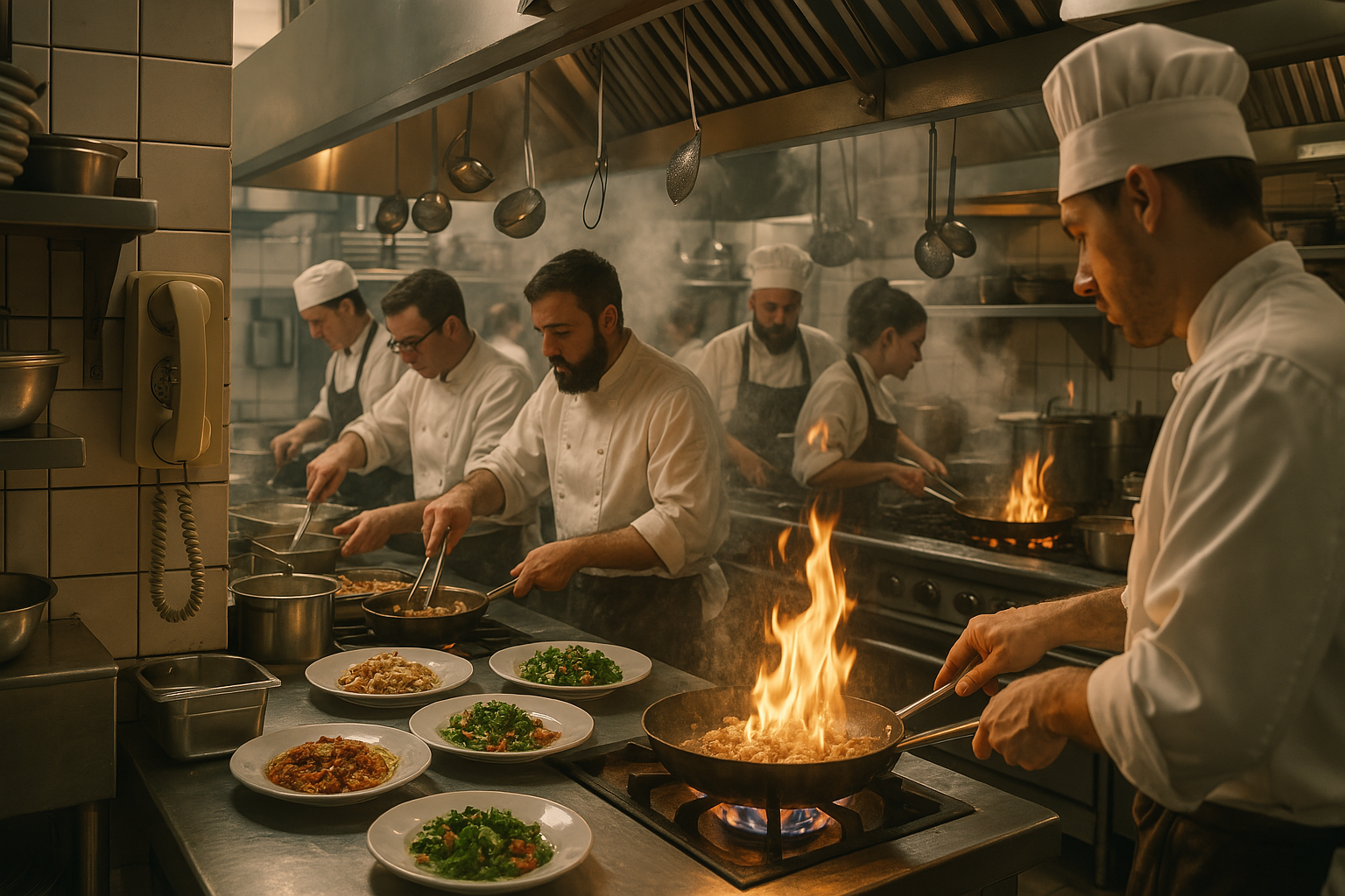 Busy restaurant kitchen during lunch rush with phone ringing in background Busy restaurant kitchen during lunch rush with phone ringing in background