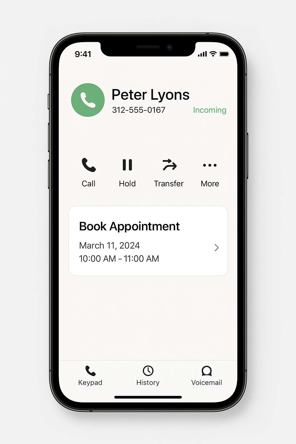 Clean smartphone interface showing professional call management system with appointment booking Clean smartphone interface showing professional call management system with appointment booking