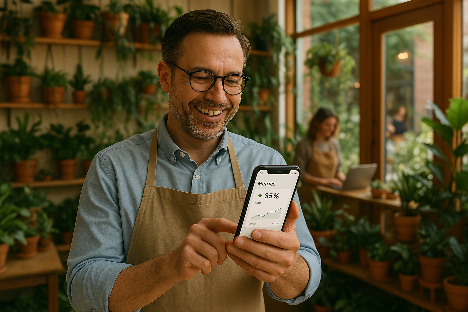 happy business owner reviewing positive metrics on their phone, with a thriving business in the background. happy business owner reviewing positive metrics on their phone, with a thriving business in the background.