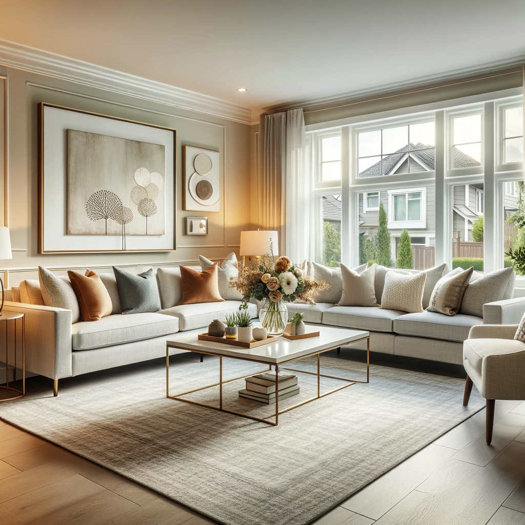 A beautifully staged living room with bright, modern decor and large windows.