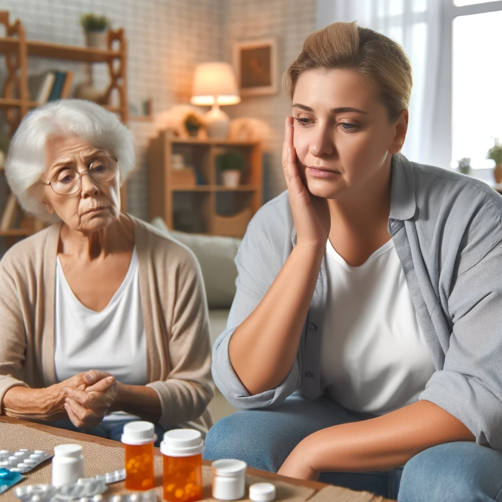 A tired and thoughtful caregiver sitting beside an elderly loved one, contemplating the need for professional help.
