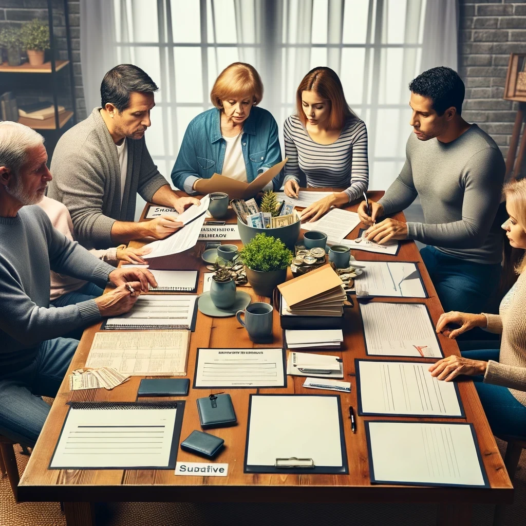 A family sitting around a table, organizing important documents and information together, reflecting the process of transitioning a senior loved one to assisted living.