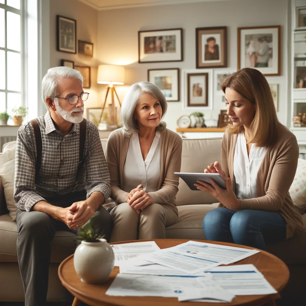 Senior couple sitting in their home, discussing financial options with a family member. Senior couple sitting in their home, discussing financial options with a family member.