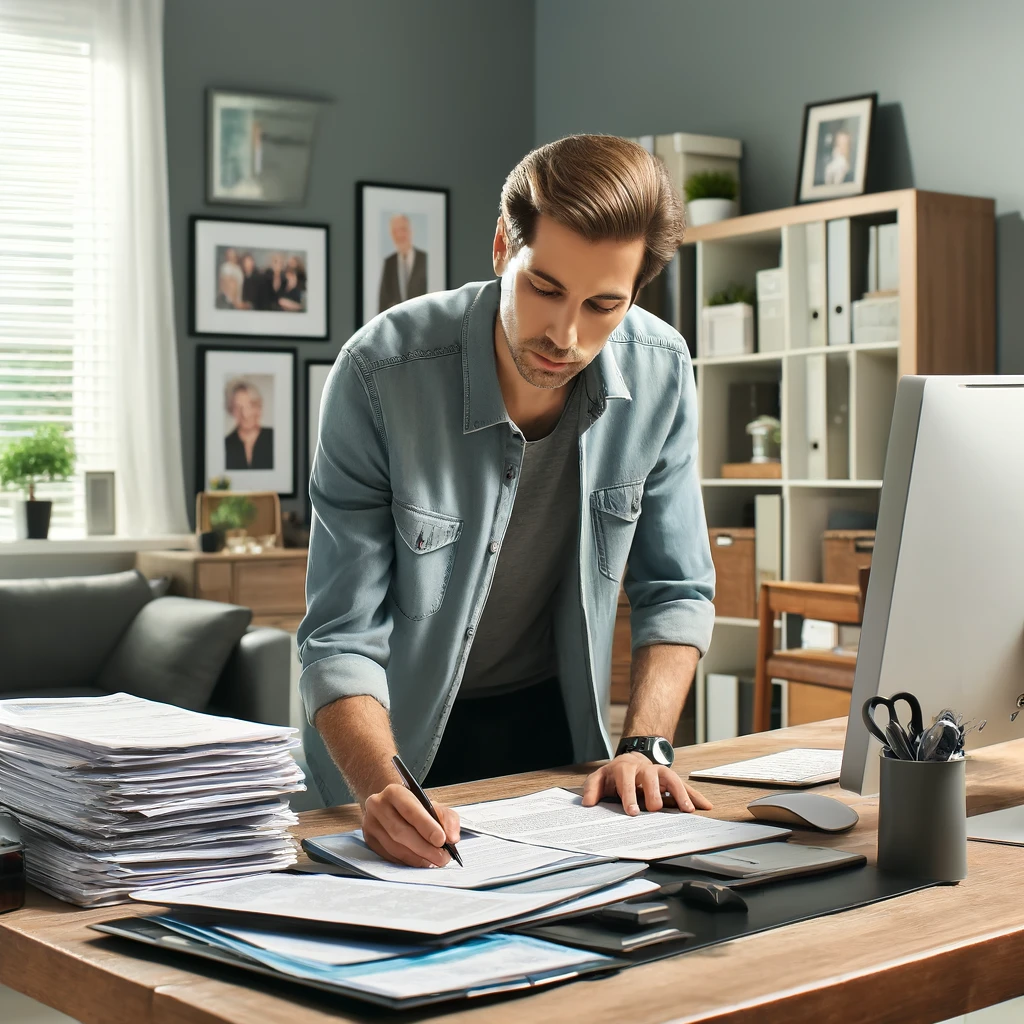 Adult child organizing documents in a home office, preparing for the probate process after an elderly parent's passing.