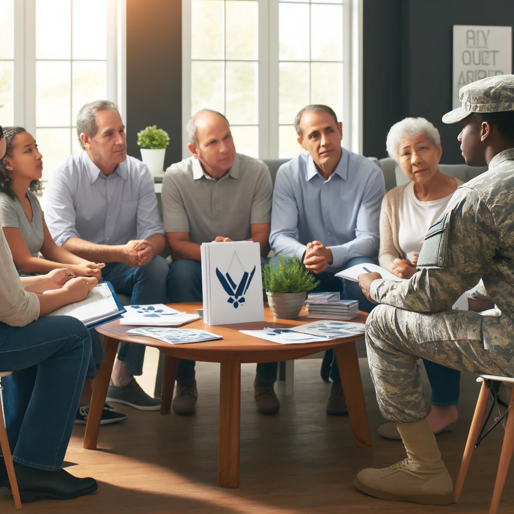 A diverse group of veterans and their families sitting in a well-lit room, discussing VA benefits with a VA representative, with brochures and laptops on the table. A diverse group of veterans and their families sitting in a well-lit room, discussing VA benefits with a VA representative, with brochures and laptops on the table.