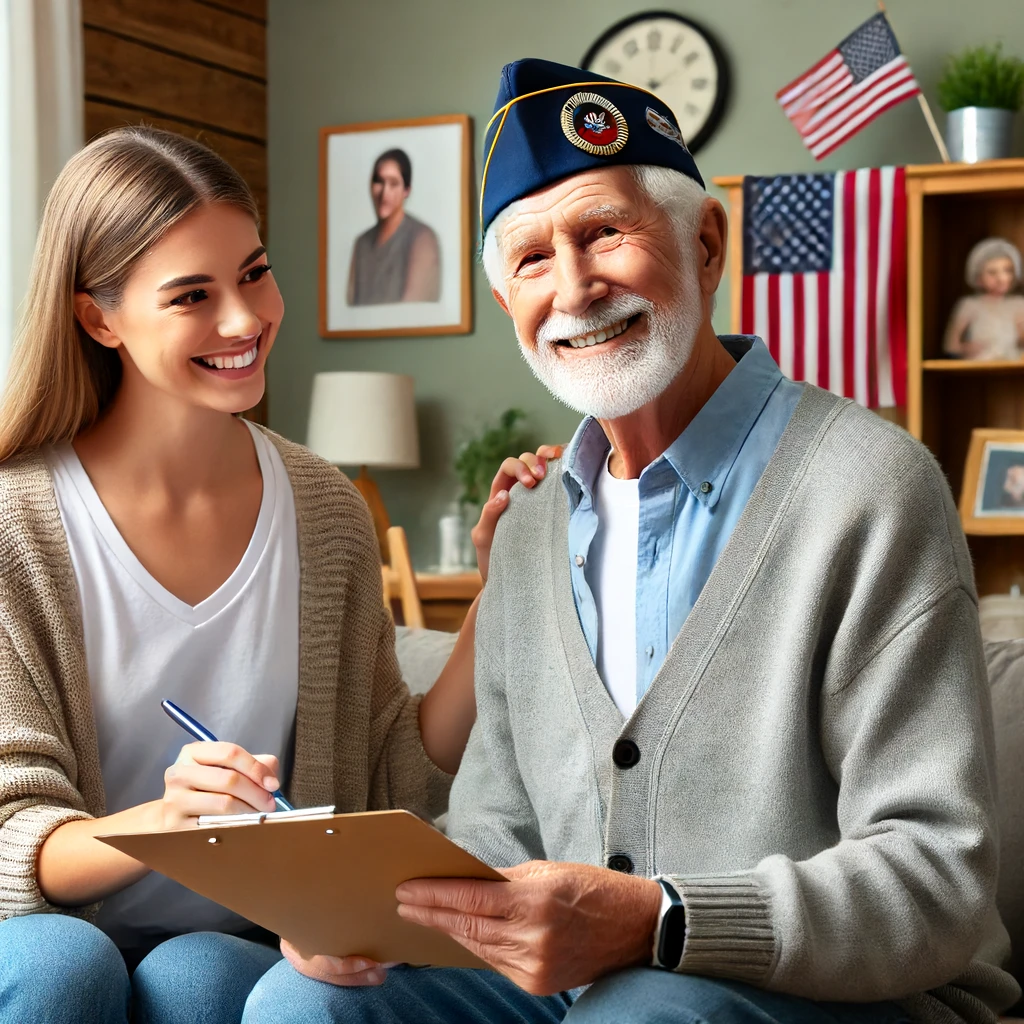 A warm and welcoming scene of an elderly veteran smiling and wearing a service hat, while a caregiver attentively helps with paperwork in a comfortable home setting. The background features a cozy living room with family photos, a flag, and a bookshelf, conveying support, care, and a sense of security. A warm and welcoming scene of an elderly veteran smiling and wearing a service hat, while a caregiver attentively helps with paperwork in a comfortable home setting. The background features a cozy living room with family photos, a flag, and a bookshelf, conveying support, care, and a sense of security.