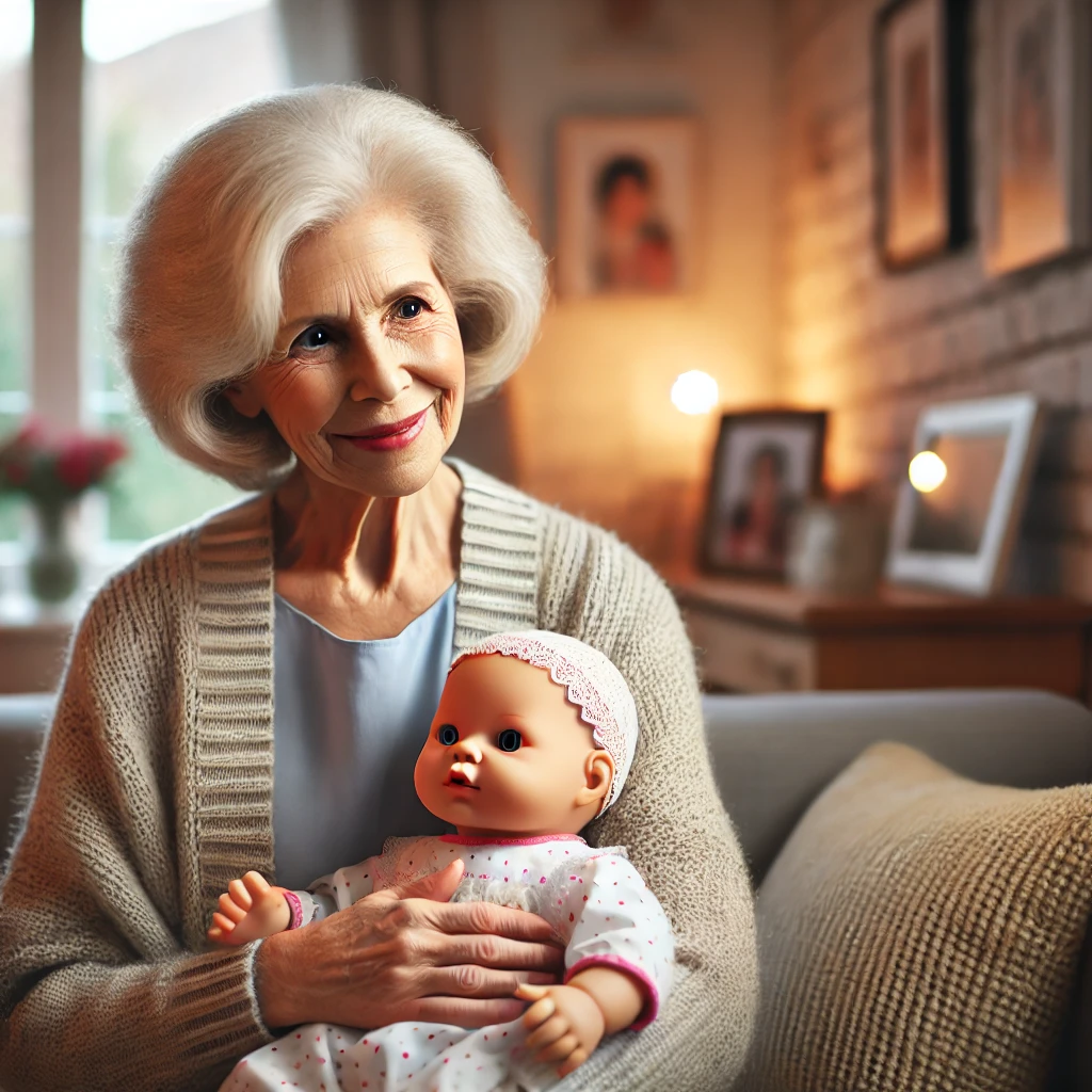 A senior woman with Alzheimer's holding a lifelike doll, smiling gently.